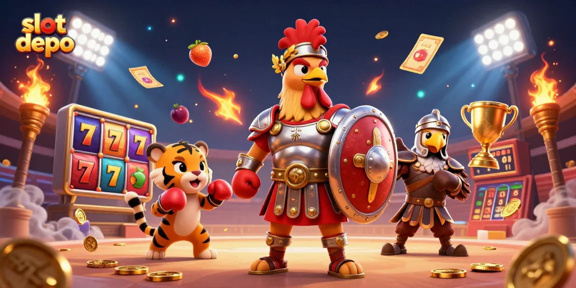 Slot depo dengan simbol permainan slot dan karakter kartun menarik dari kasino