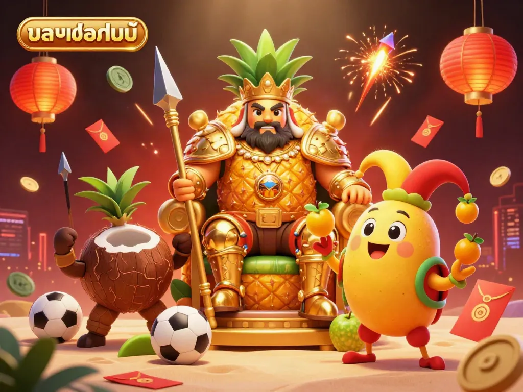Experience thrilling บอลออนไลน์ action with a golden pineapple king and vibrant sports elements.