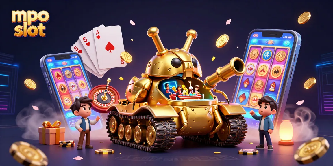 Spin for big wins with mpo slot in this vibrant casino illustration filled with confetti and coins!