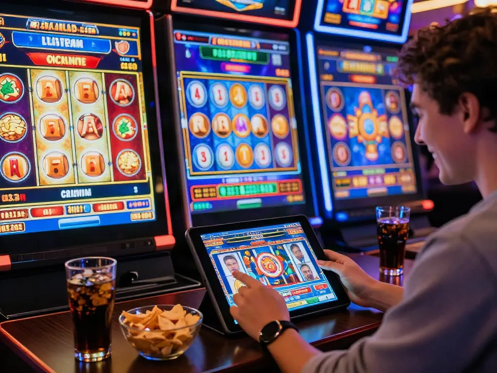Player enjoying สล็อตเว็บตรง gaming experience with vibrant slot graphics and snacks.