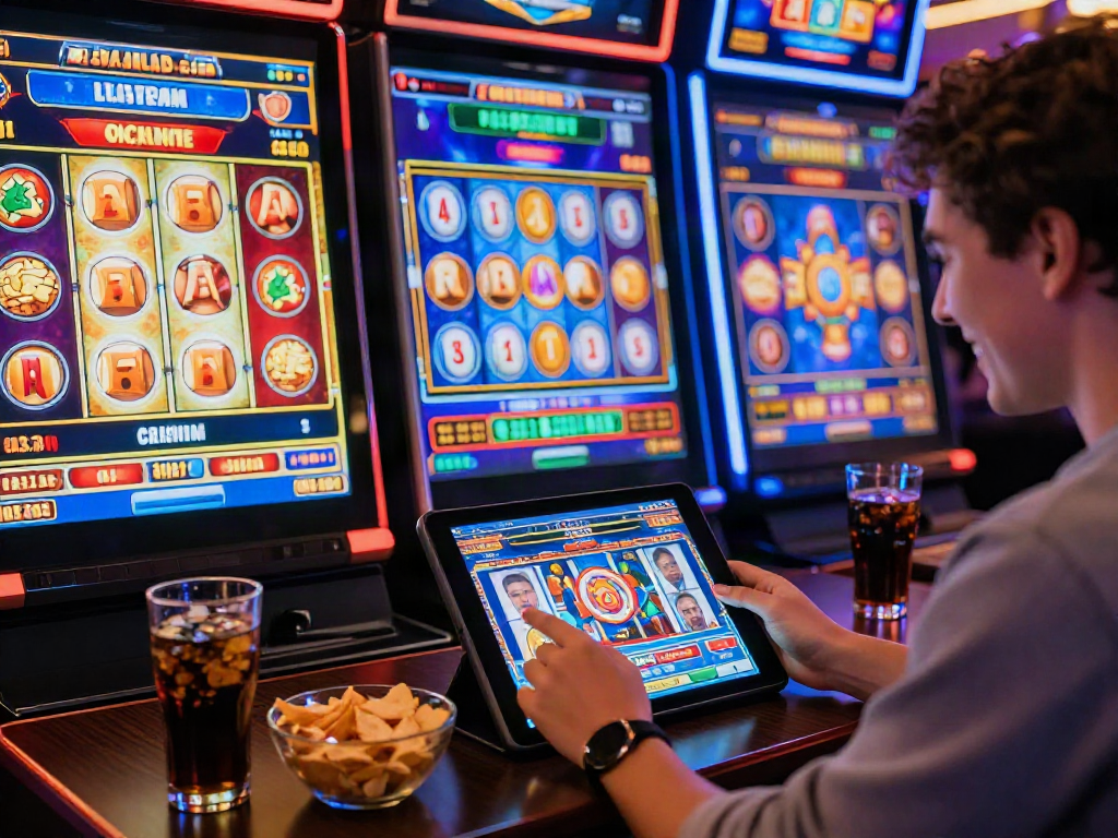 Player enjoying สล็อตเว็บตรง gaming experience with vibrant slot graphics and snacks.