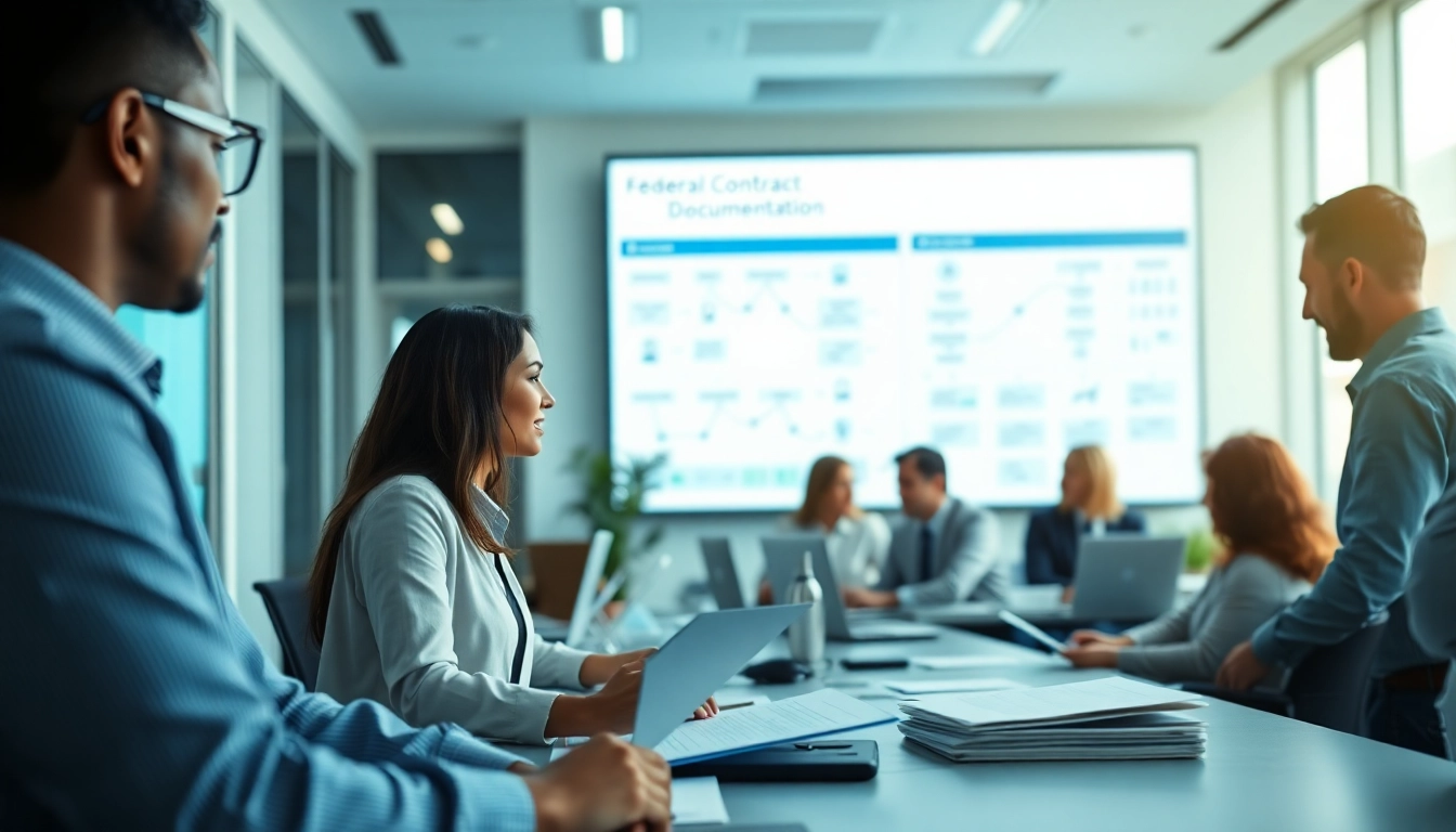 Streamlined federal contract documentation automation process in a modern office setting.