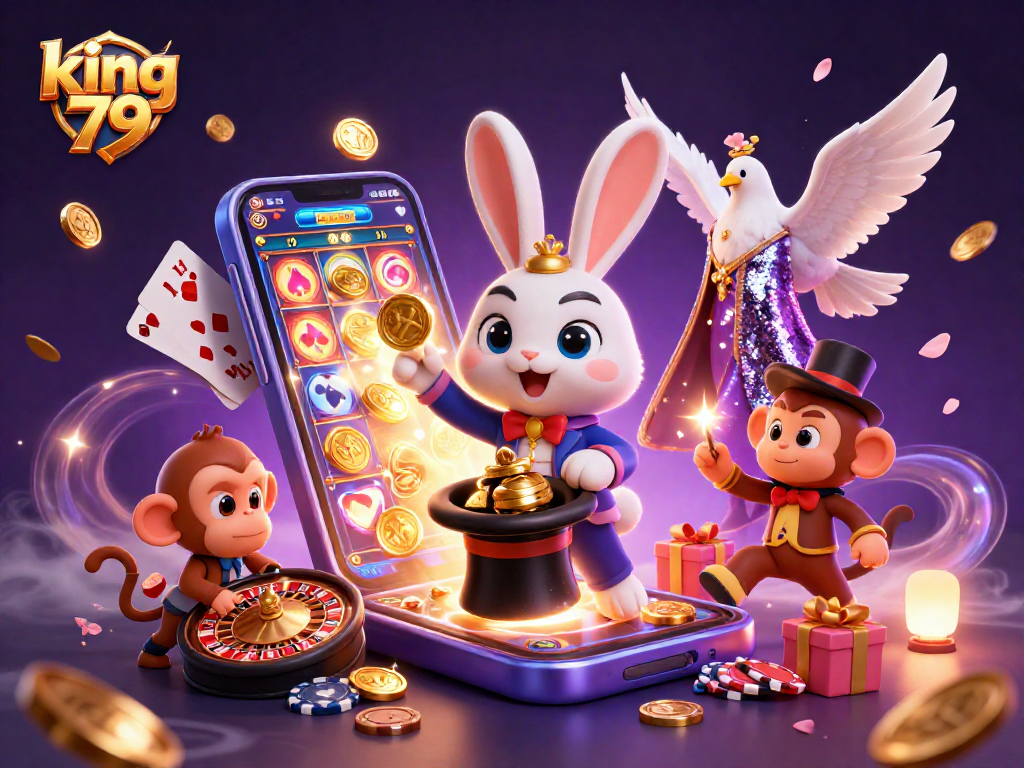 Experience king 79 with a 3D magician and casino elements creating a vibrant gaming atmosphere.