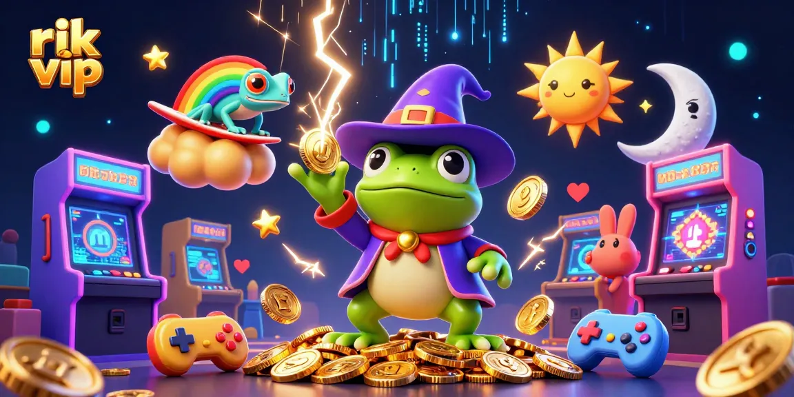 Win big at rik vip with a vibrant 3D casino scene of a wizard frog and chameleon!