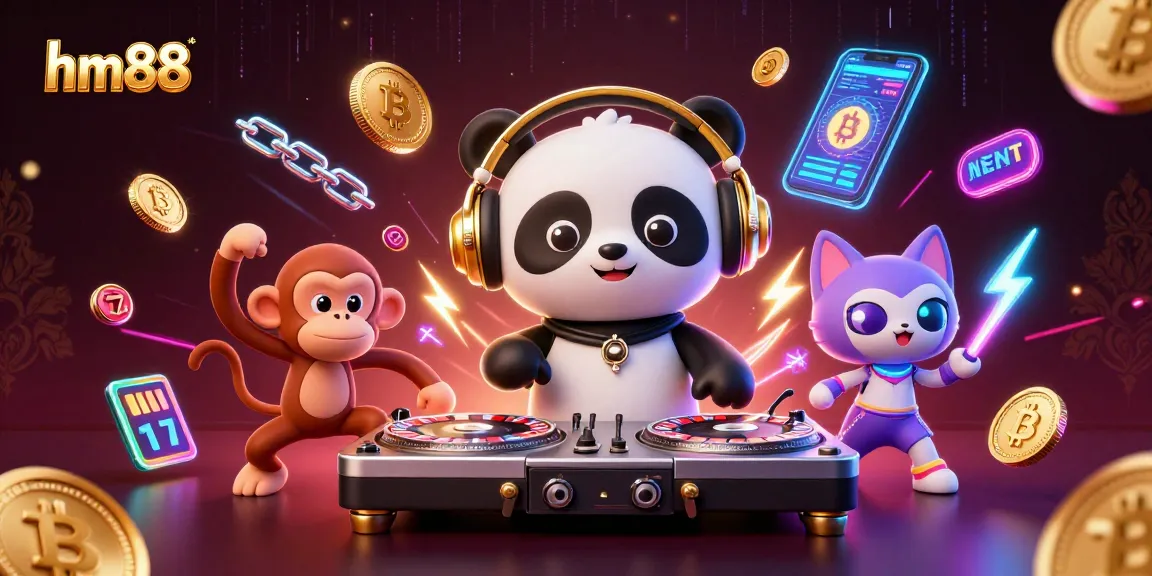 Experience the thrill of hm88 with a vibrant casino scene featuring unique characters and glowing gaming elements.
