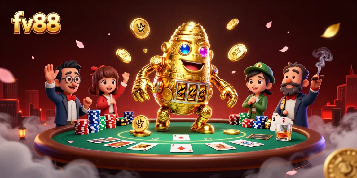 Engage with the FV88 gaming experience featuring a golden golem and poker elements.