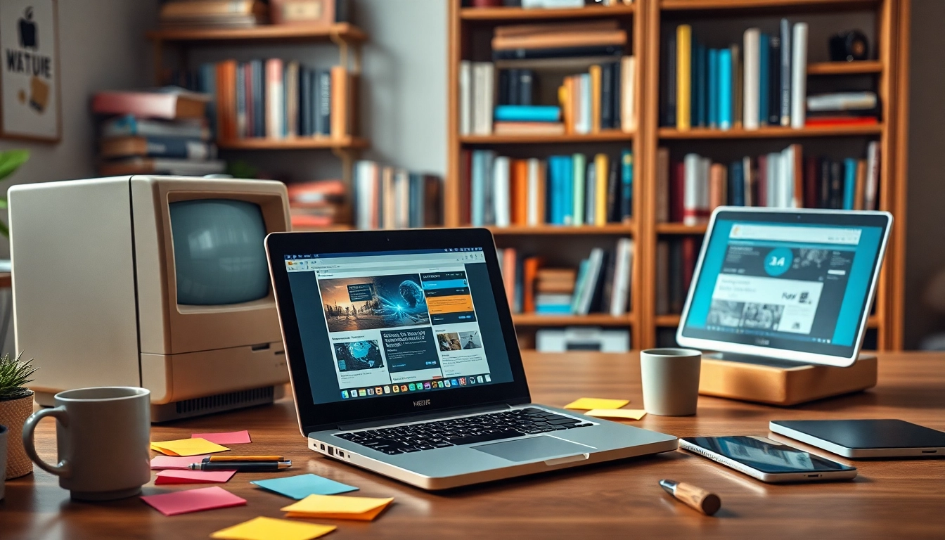 Depicting internet history through vintage and modern devices in a cozy workspace.