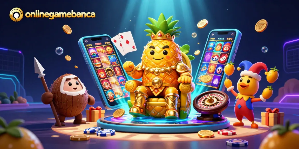 Experience thrilling action with onlinegamebanca's vibrant gaming scene featuring a golden pineapple king and colorful slot games.