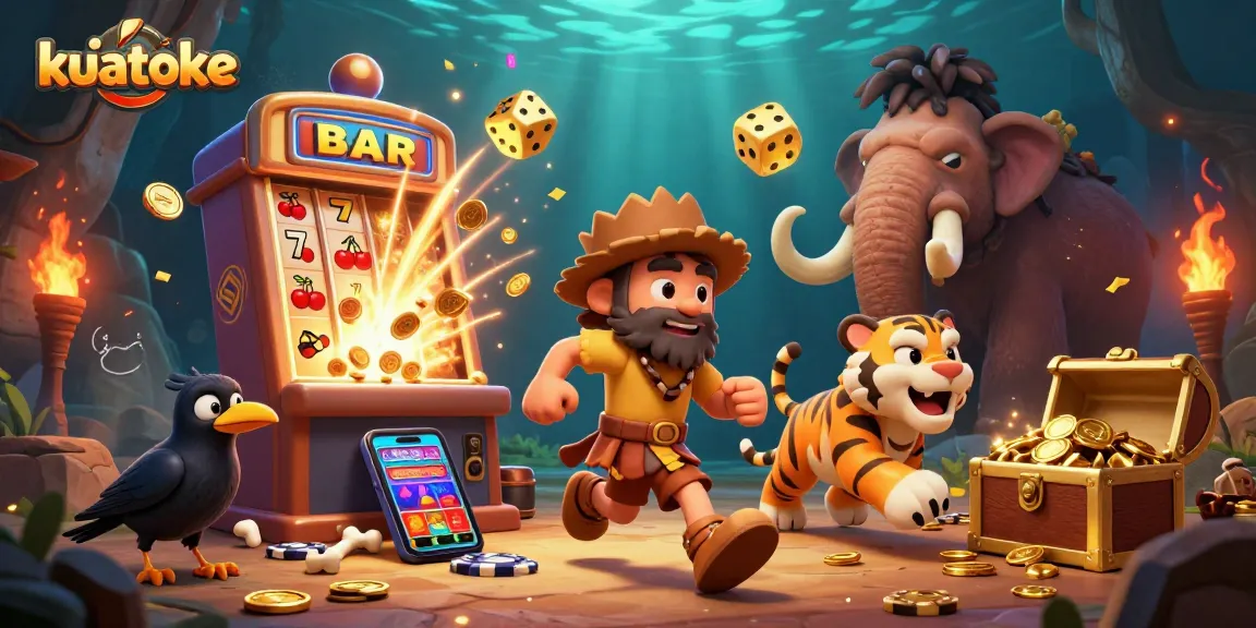 Kuatoke offers thrilling casino gaming with a dynamic caveman and tiger duo, surrounded by exciting slot elements.