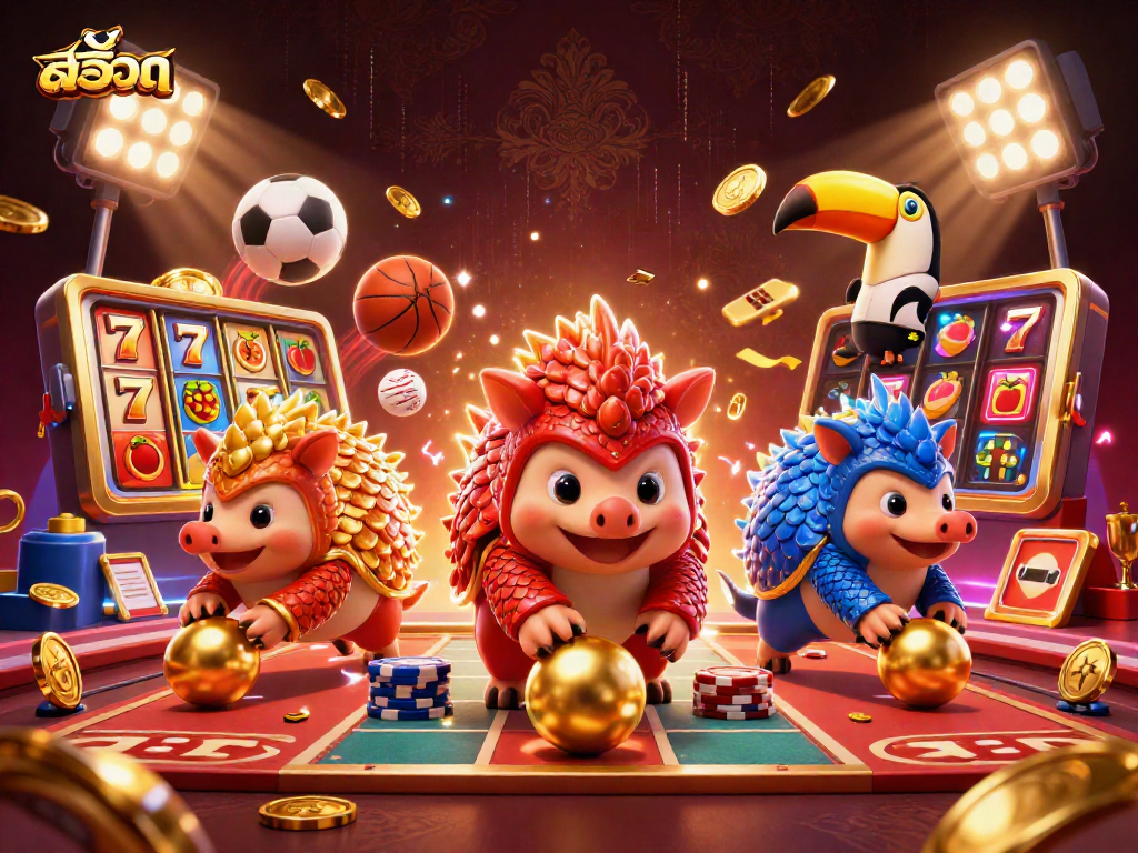 Spin the reels on สล็อต with cartoon pangolins competing in a colorful casino environment.