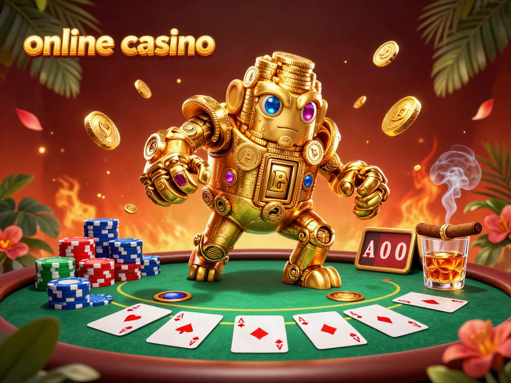 Engaging illustration of an online casino scene with a golden golem, poker table, and vibrant game elements.
