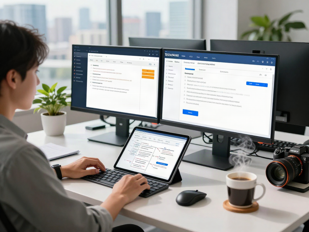 Professional workspace showcasing document fraud detection software in action with analytics dashboards.