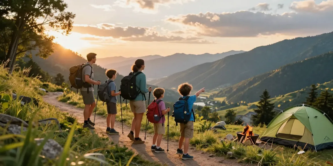 Family hiking at thatmountainlife.com during golden hour, enjoying scenic views and adventure.