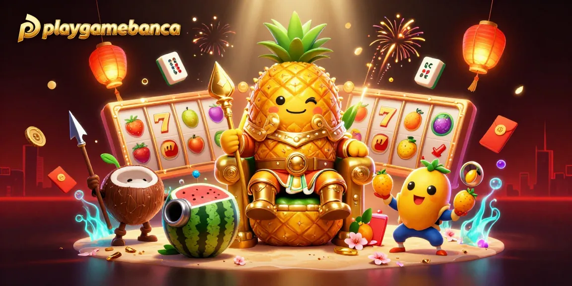 Engage with playgamebanca through a lively 3D scene showing a golden pineapple king and dynamic casino elements.