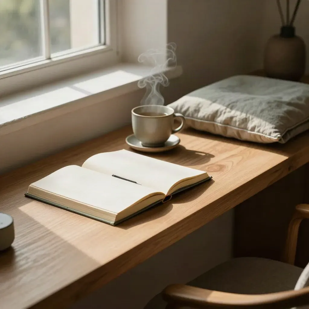 Calm wellness coaching nook with journals, ceramic cup, timer and sage linen cushion