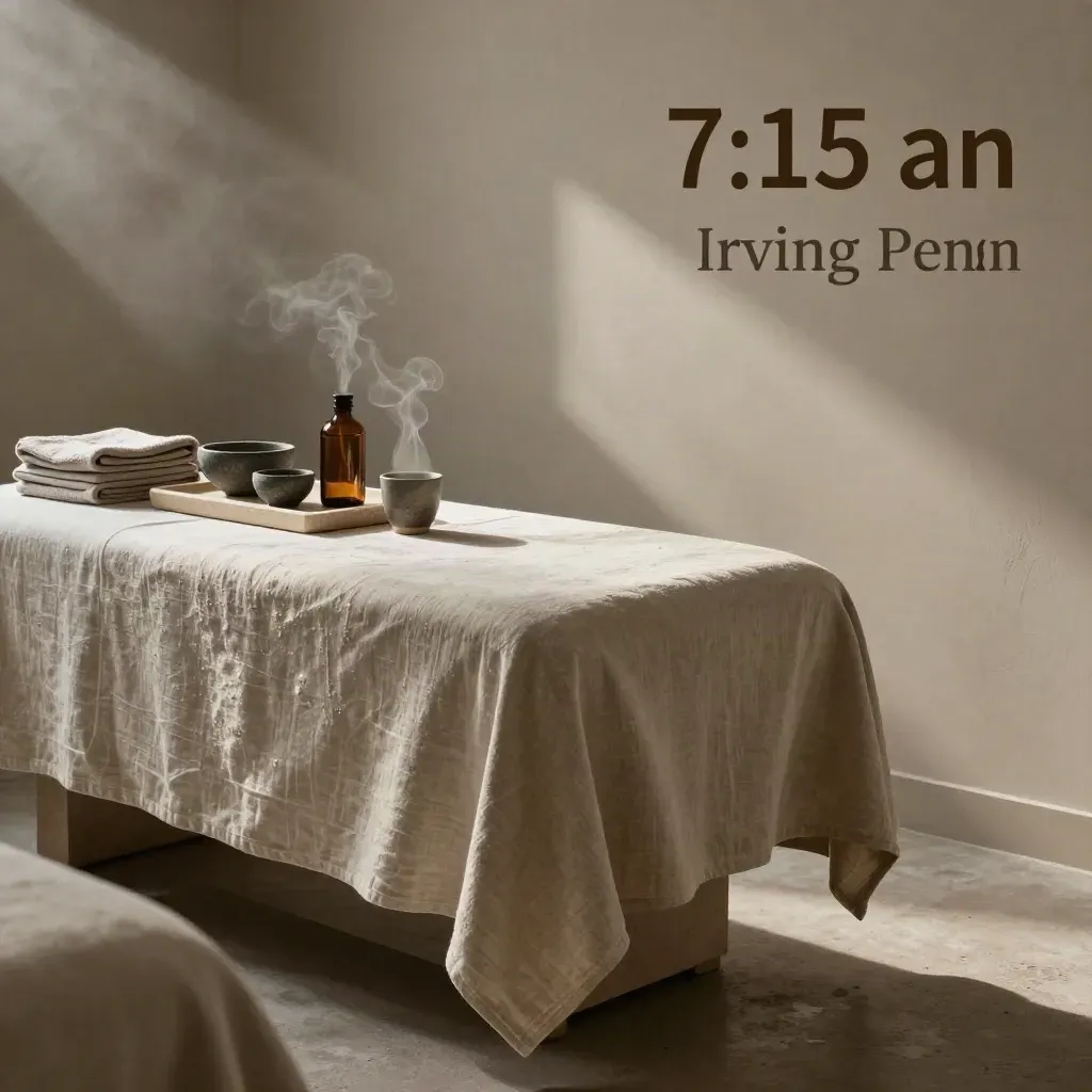 Serene wellness room with linen table, stone bowls, amber glass and steaming tea in morning light.
