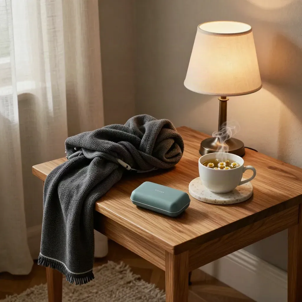 Weighted throw, tea, earplugs case and glowing lamp in a cozy stress-reset corner.