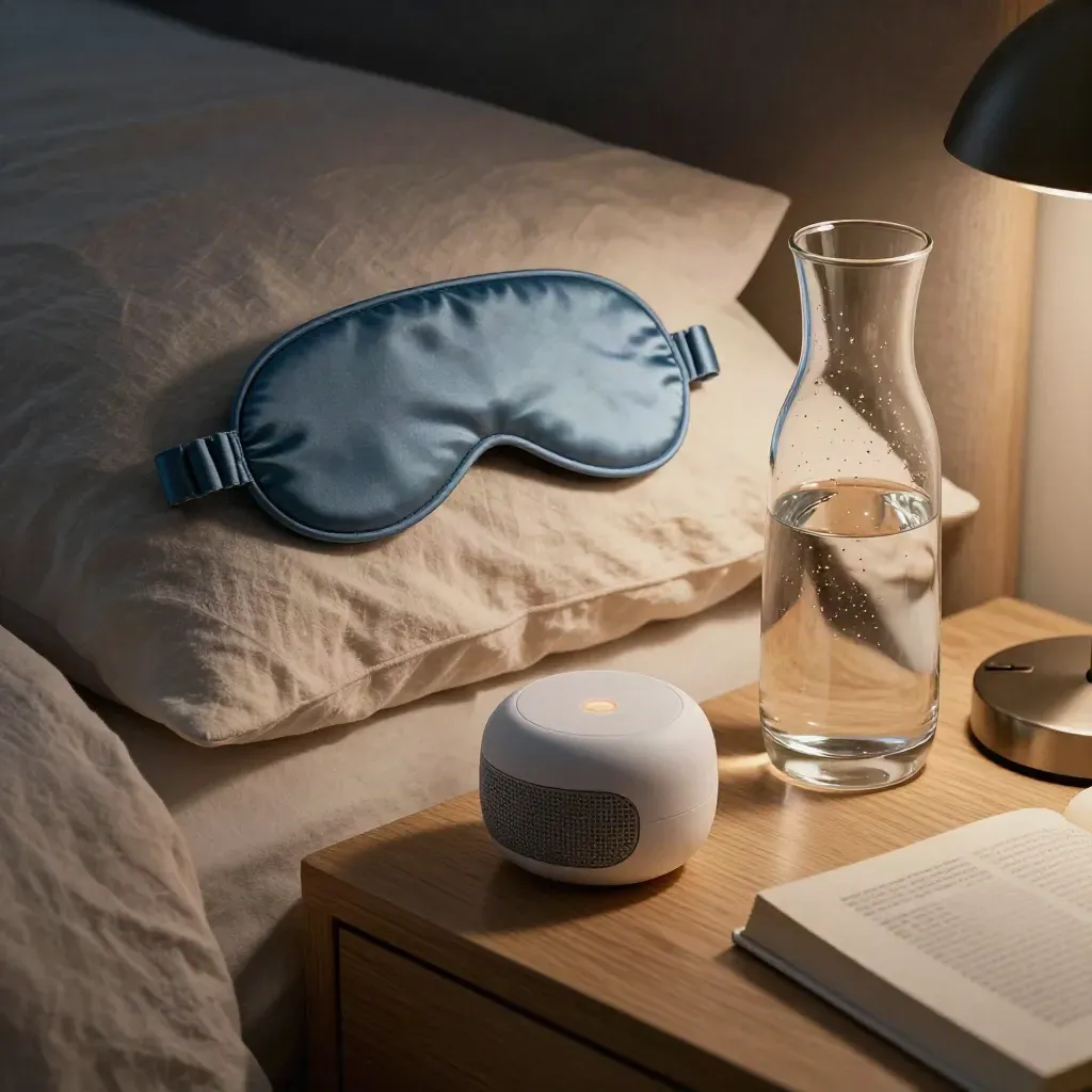 Bedside sleep-support still life with pillow, eye mask, white-noise device, carafe and book