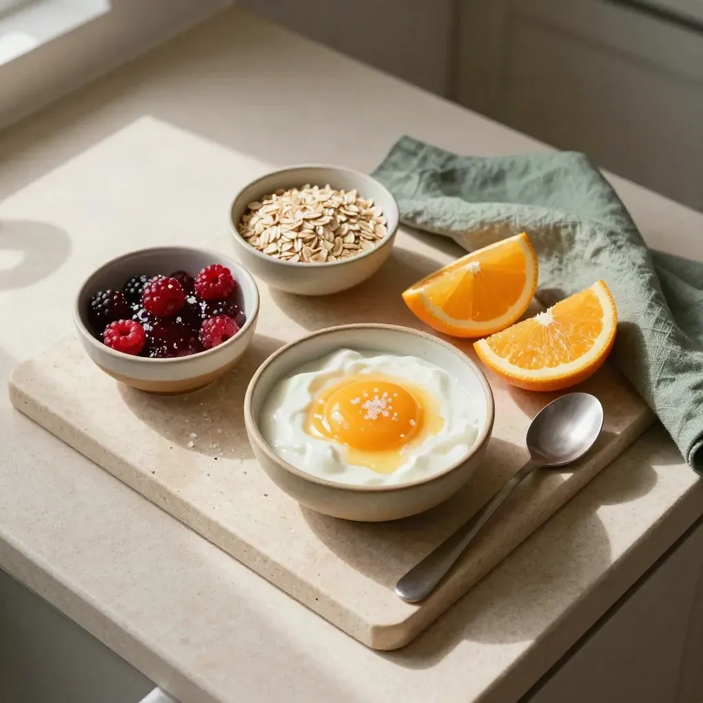 Overhead breakfast spread with eggs, berries, yogurt, oats and citrus on pale stone.