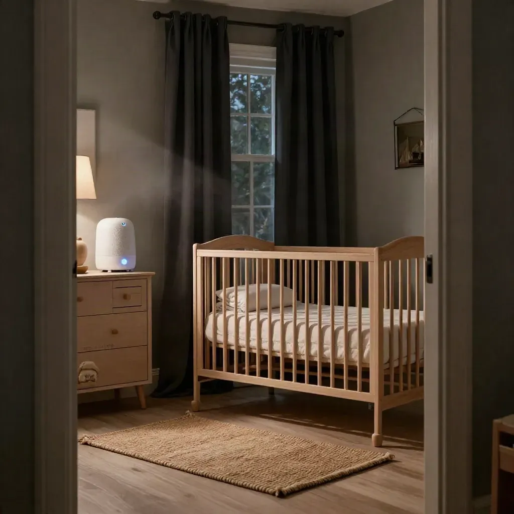 Dark nursery corner with crib, blackout curtain, white-noise machine, swaddles and a dim lamp.