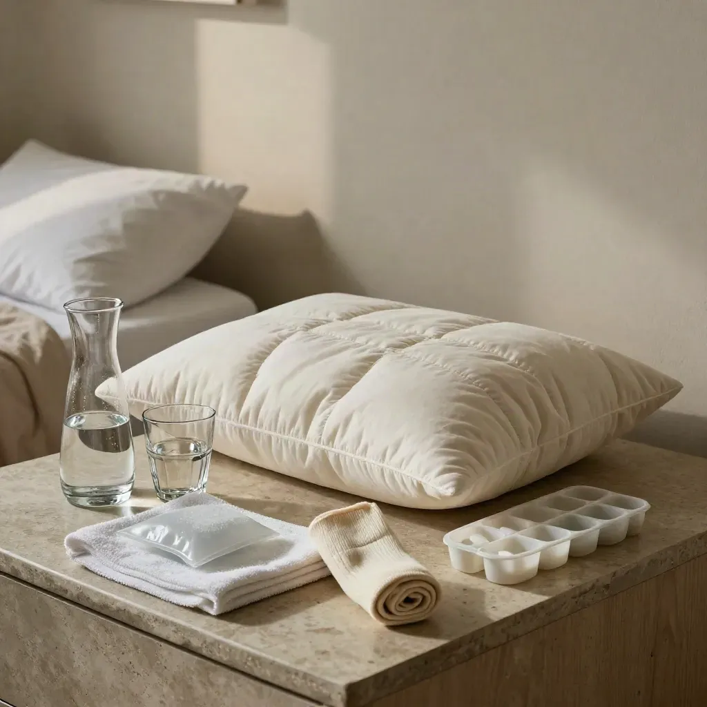 Recovery bedside station with wedge pillow, water carafe, ice pack, sock and pill caddy.