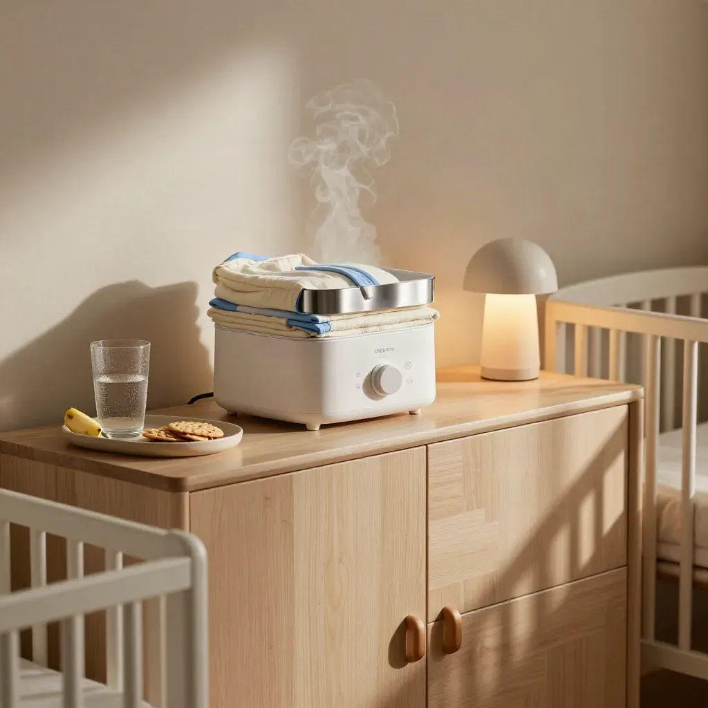 Dawn nursery sideboard with bottle warmer, swaddles, snack tray, water glass and lamp in soft blue tones