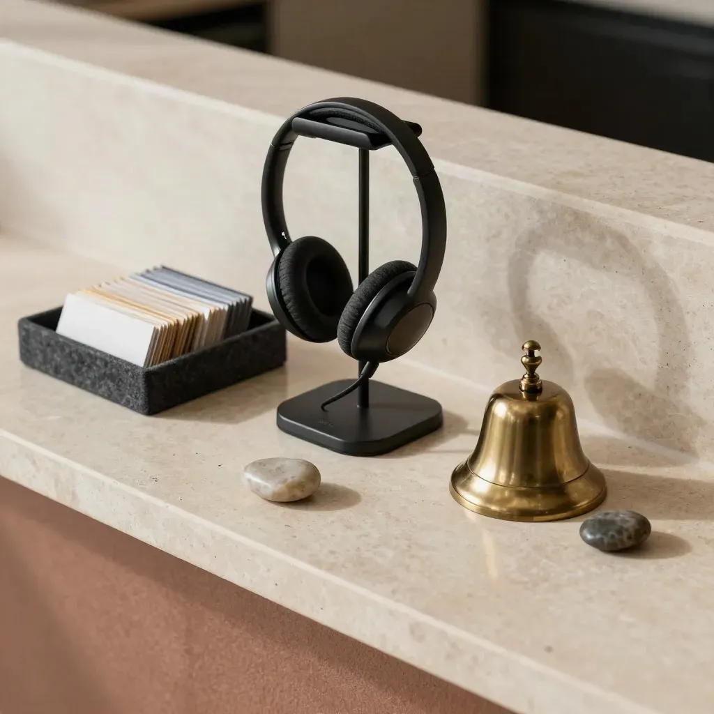 Macro of a wellness support desk with headset, bell, phone stand, felt tray and smooth stone.