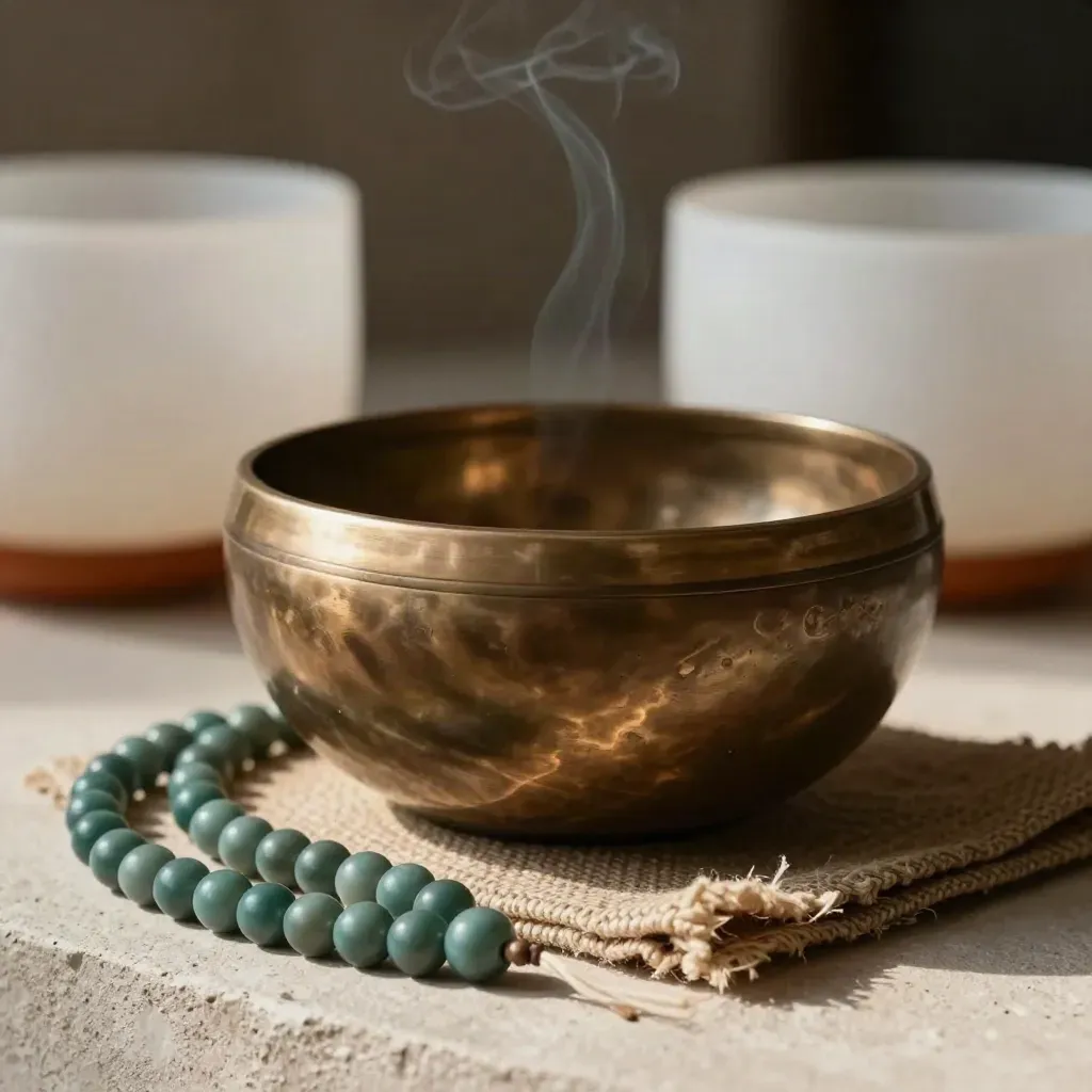 Macro still life of a singing bowl, teal beads, mat edge and stone bowl on a plaster shelf.