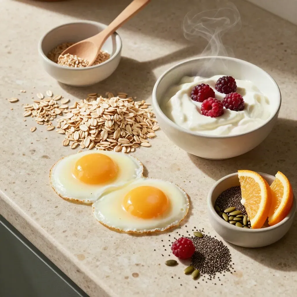 Overhead nutrition prep of oats, eggs, berries, citrus and yogurt in ceramic bowls