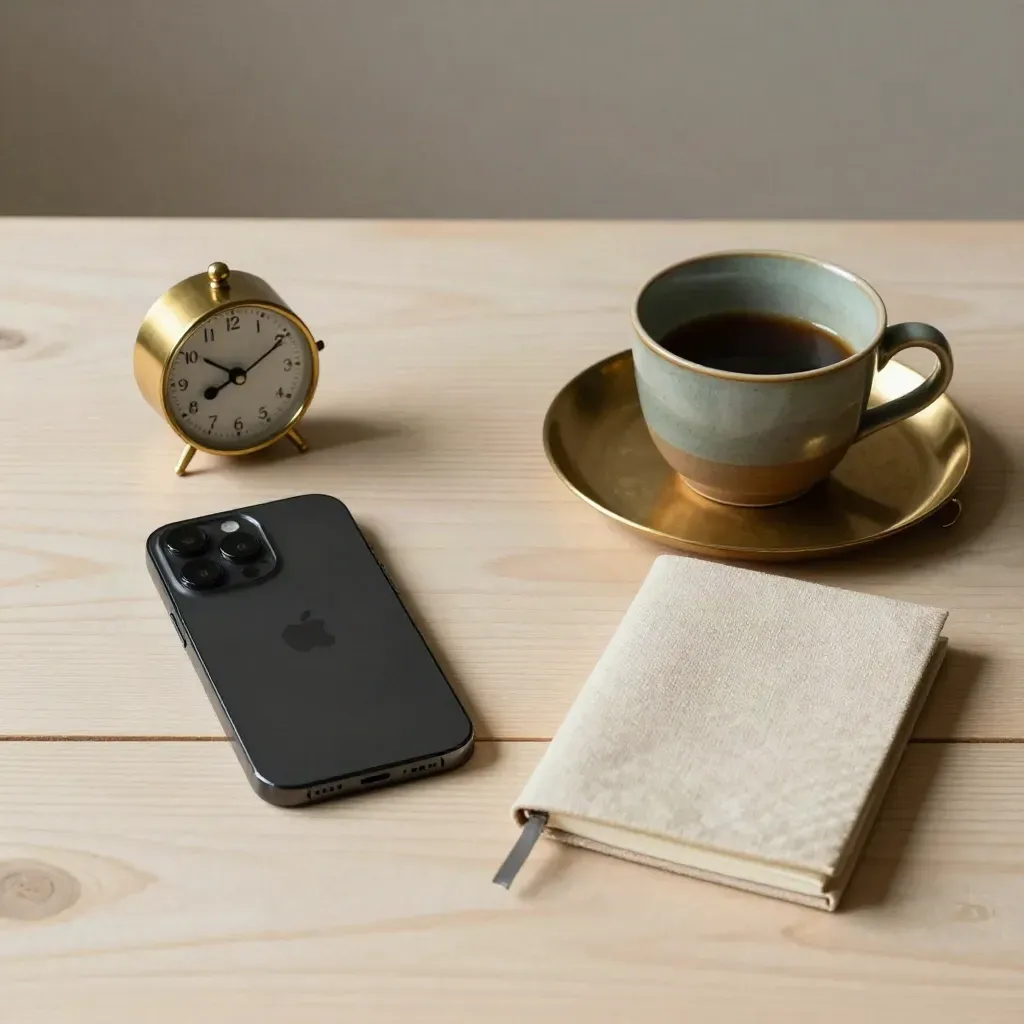 Flat lay of phone, brass clock, cup and linen notebook on pale wood.