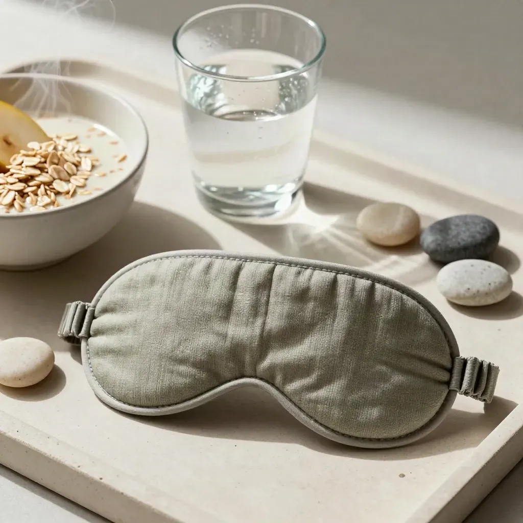 Sleep mask, water glass, oats, and habit stones on a plaster tray with faint steam.