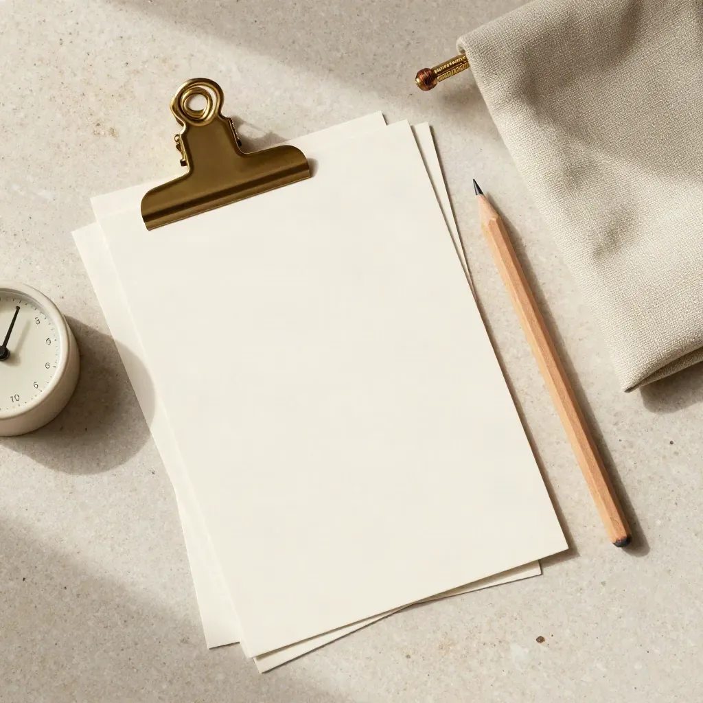Overhead flat lay of blank cards, brass clip, timer, pencil stub and linen pouch on pale stone.