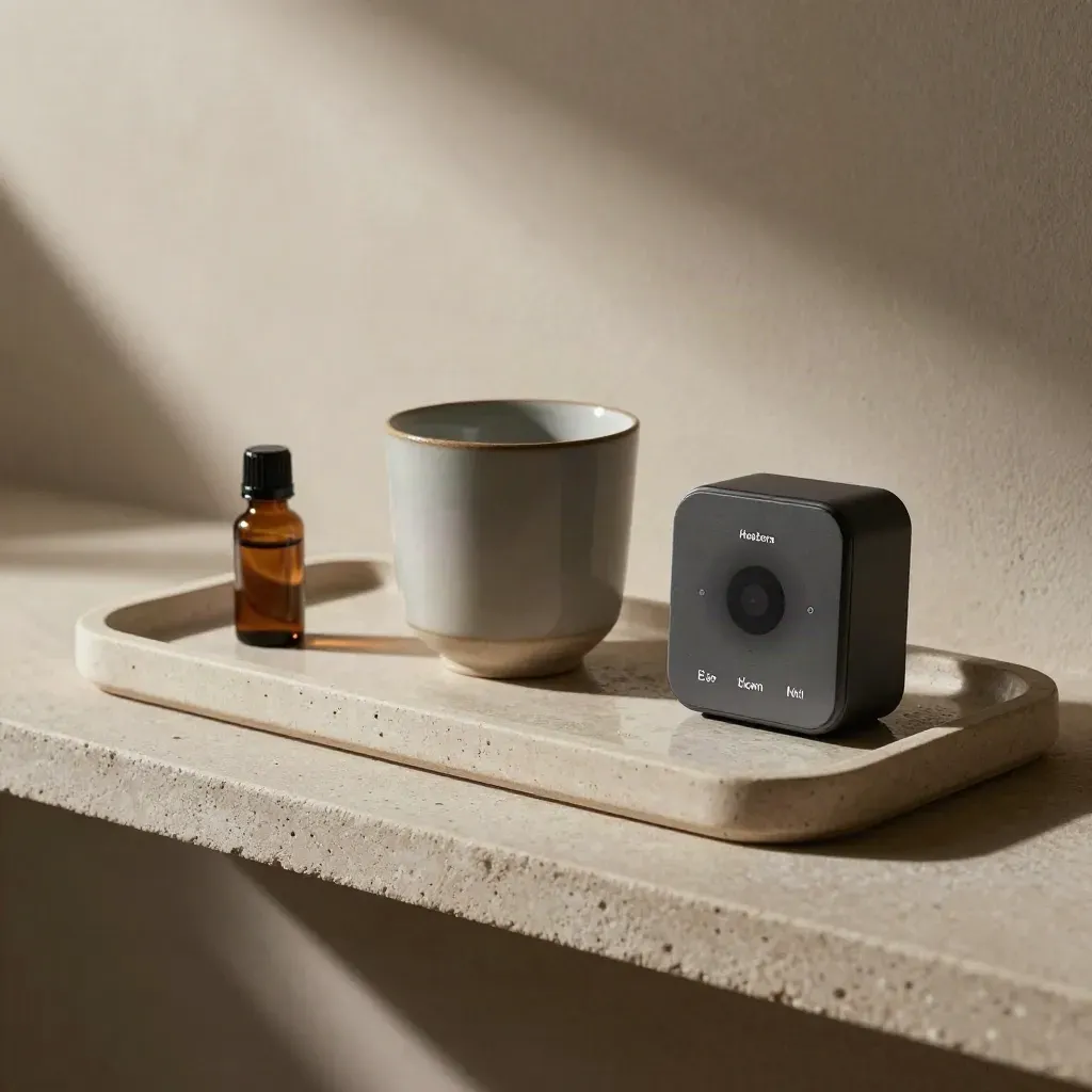 Ceramic cups, stone tray, timer and amber vial on a stone shelf with soft steam.