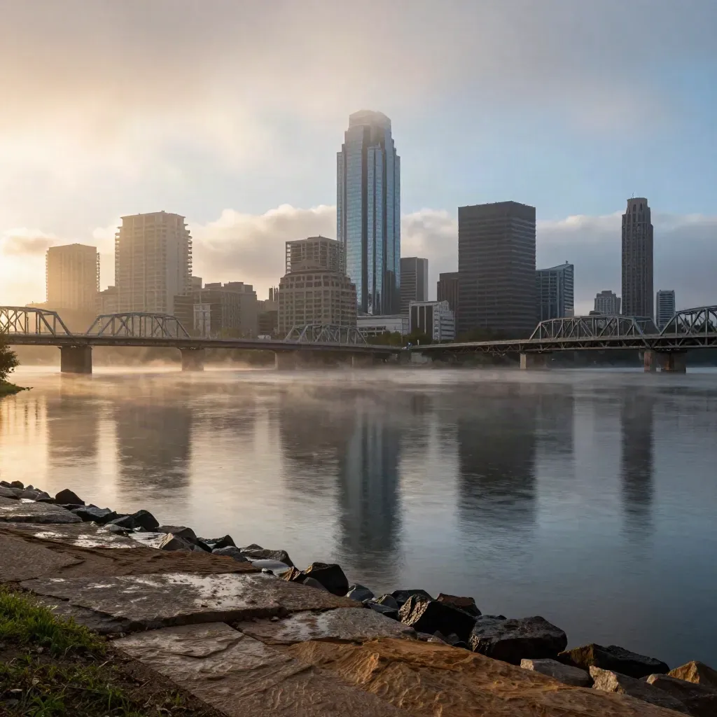 Austin skyline and bridge spans over Lady Bird Lake in soft dawn haze after rain.