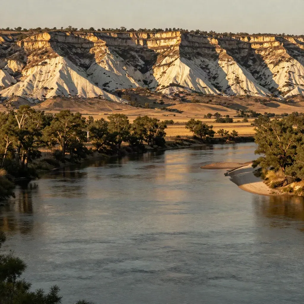 Golden hour Hill Country river bend with limestone bluffs and cypress shadows