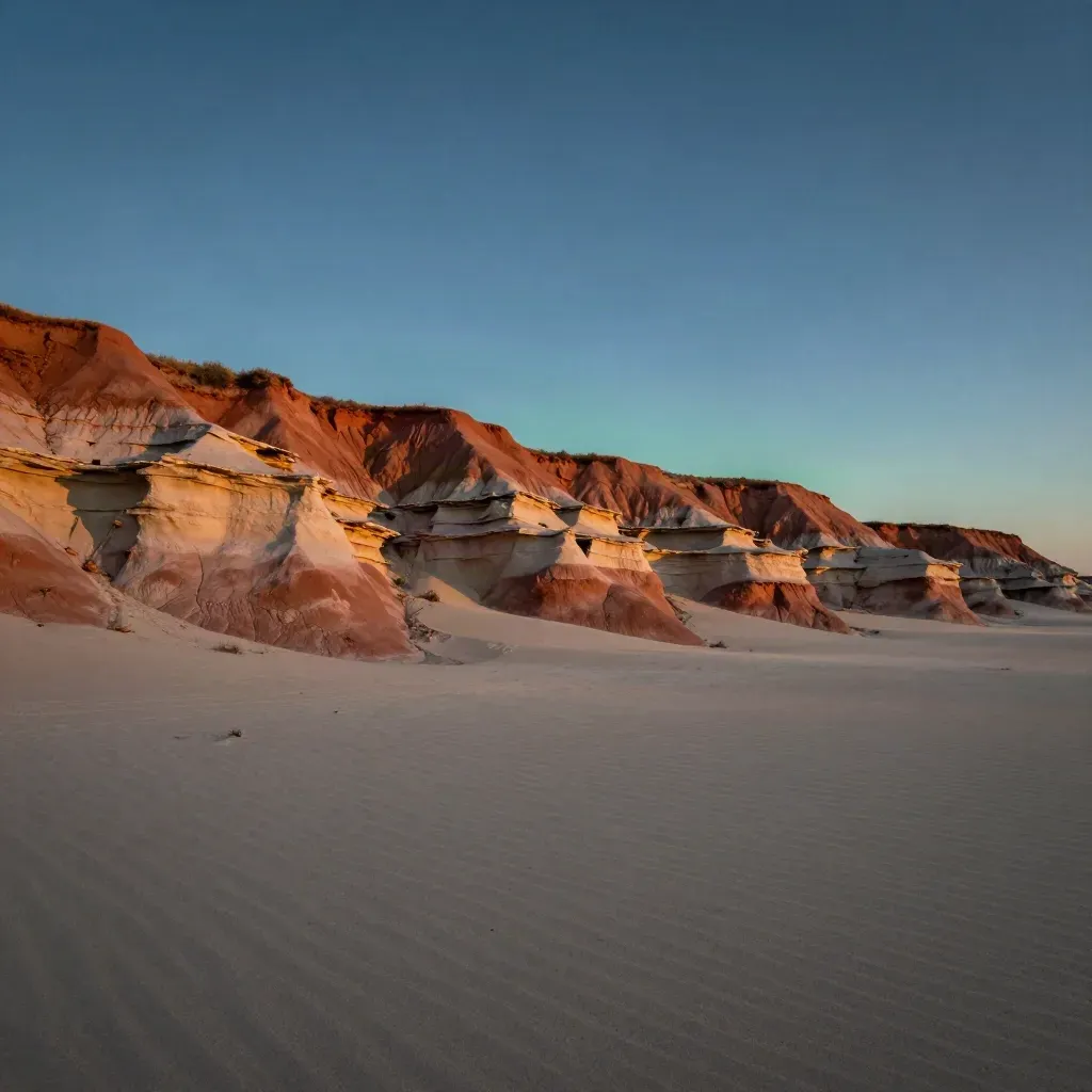 Texas limestone horizon under blue-hour sky with warm light, teal haze, and open copy space.