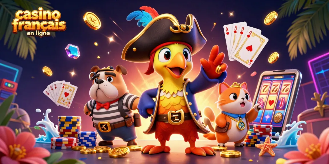 Illustration d'un casino français en ligne avec un pirate, bulldog et chat, entourés de pièces d'or.