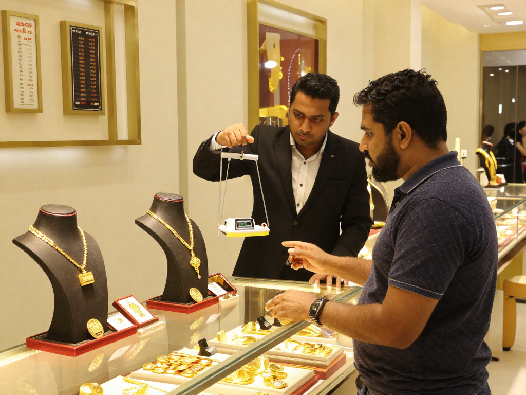 Engaging experience at a jewelry shop for mantra88 login customers checking gold prices in Bahrain.