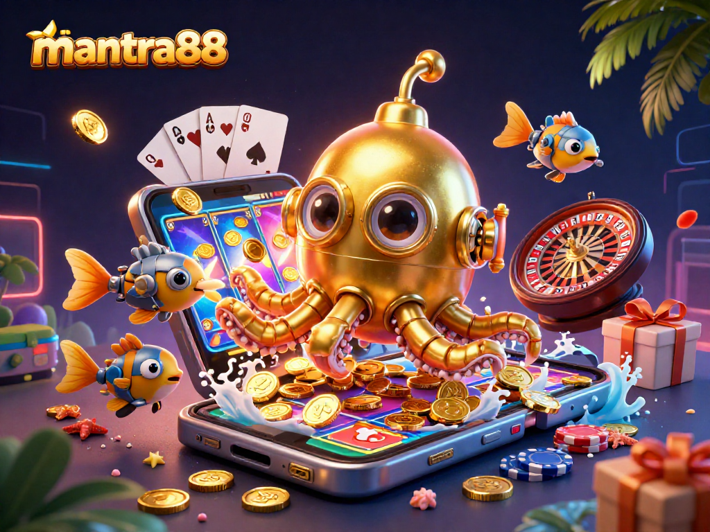 Experience thrilling wins with mantra88, showcasing vibrant slot games and a golden kraken amid ocean treasures.