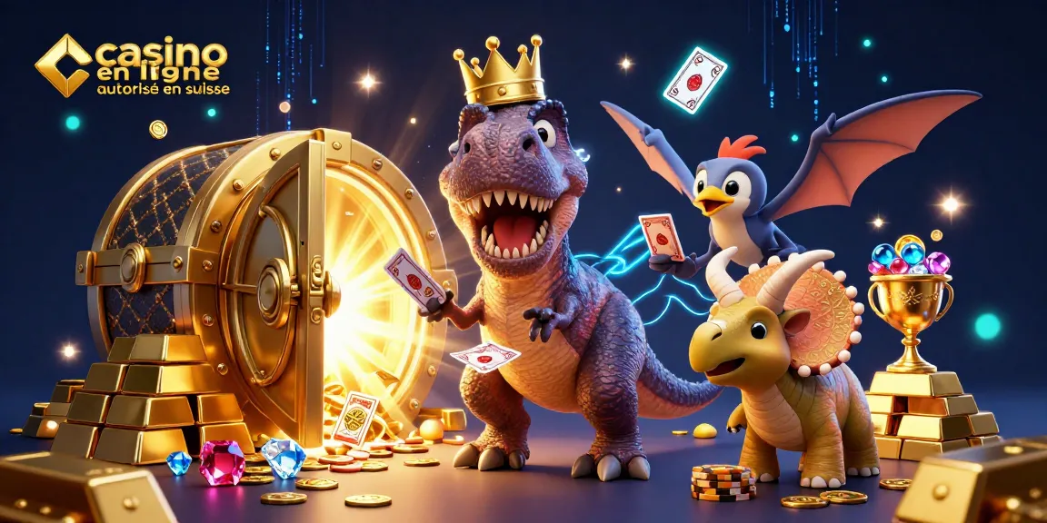 Le T-Rex du casino en ligne autorisé en Suisse s'affaire avec ses cartes, entouré de trésors.