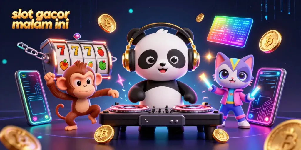 Gambarlah slot gacor malam ini dengan panda DJ yang menghibur di kasino, simbol keberuntungan, dan koin kripto menyala.