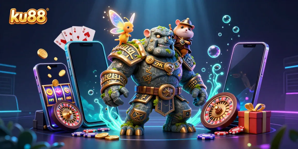 Experience the magic of ku88 with a vibrant 3D casino scene featuring a golem guardian, fairy, and hamster knight.