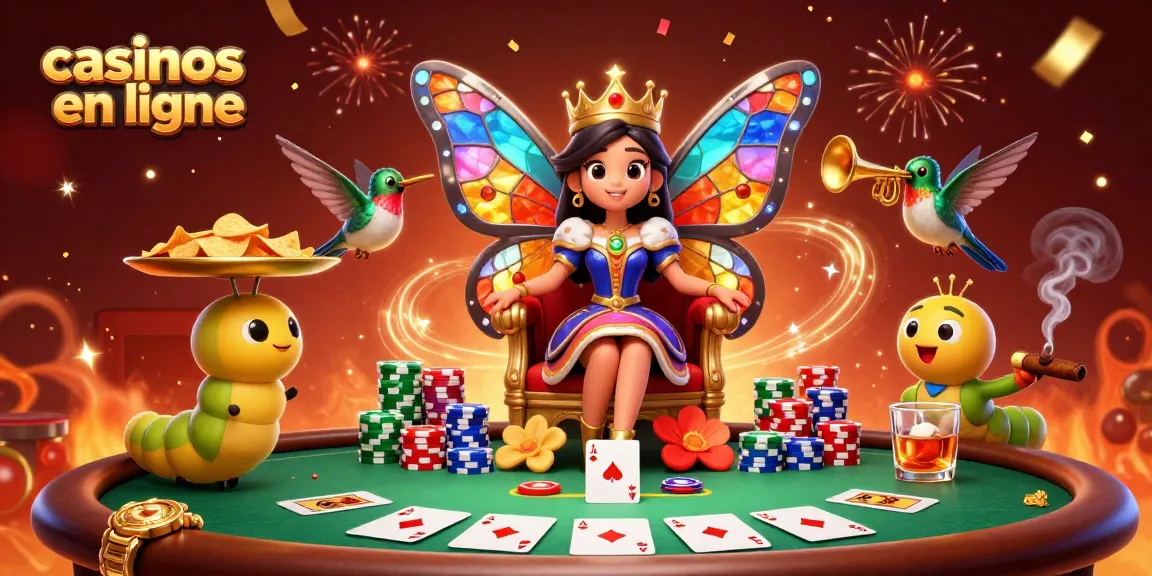 Plongez dans l'univers des casinos en ligne avec une magnifique reine papillon entourée de serviteurs et de tables de poker.