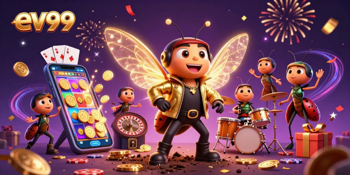 Experience ev99's vibrant casino excitement with a unique 3D illustration featuring dynamic characters and gaming elements.