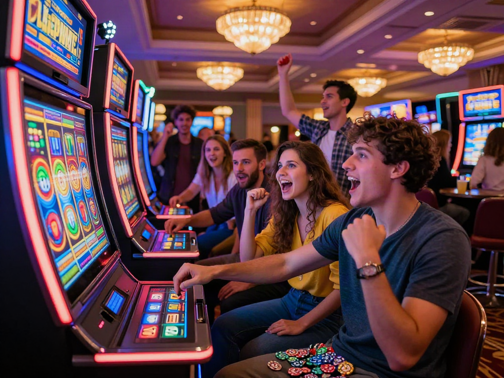 Friends enjoying a thrilling agen slot gaming moment in a lively casino.