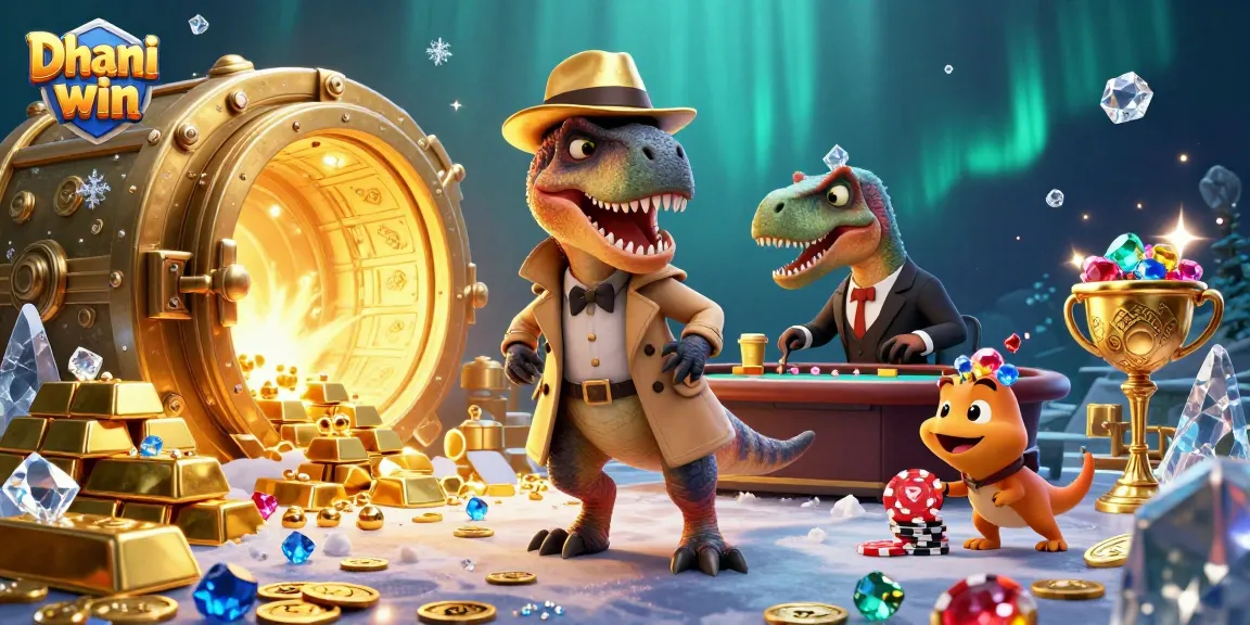 Dhani win platform's thrilling gambling action features a velociraptor card counter at a blackjack table, as treasure bursts from a vault.