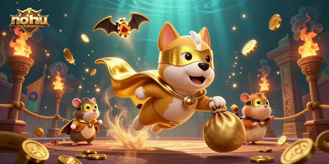 Engage with nohu-cupthegioi's exciting adventures featuring a heroic dog and hamster in a vibrant casino scene.