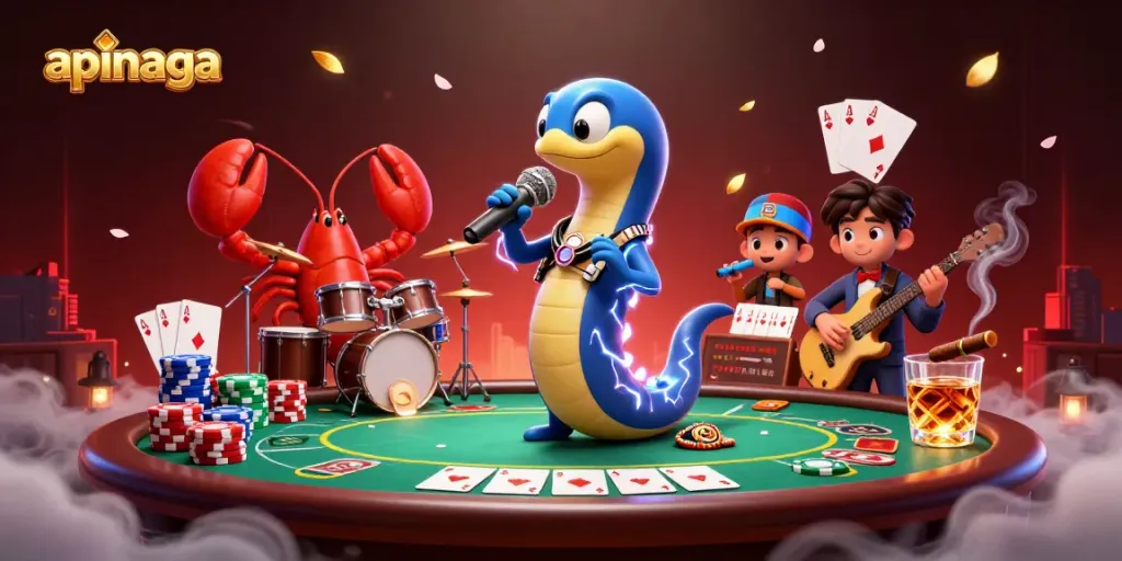 Experience the electric entertainment of apinaga with a DJ eel, lobster drummer, and seahorse guitarist in an underwater casino scene.