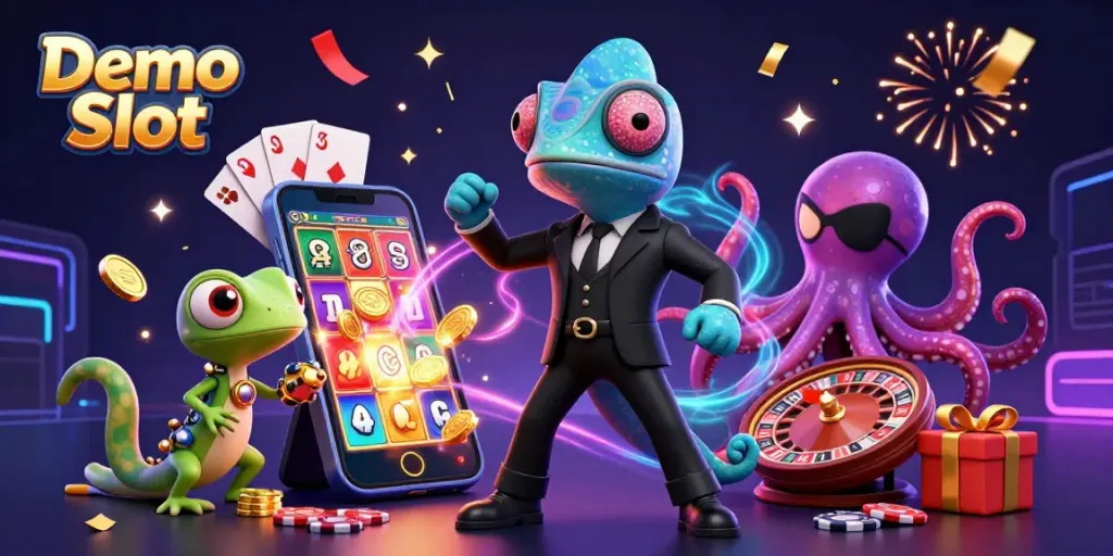 Engage with Demo Slot gameplay in a vibrant 3D scene filled with dynamic casino elements.