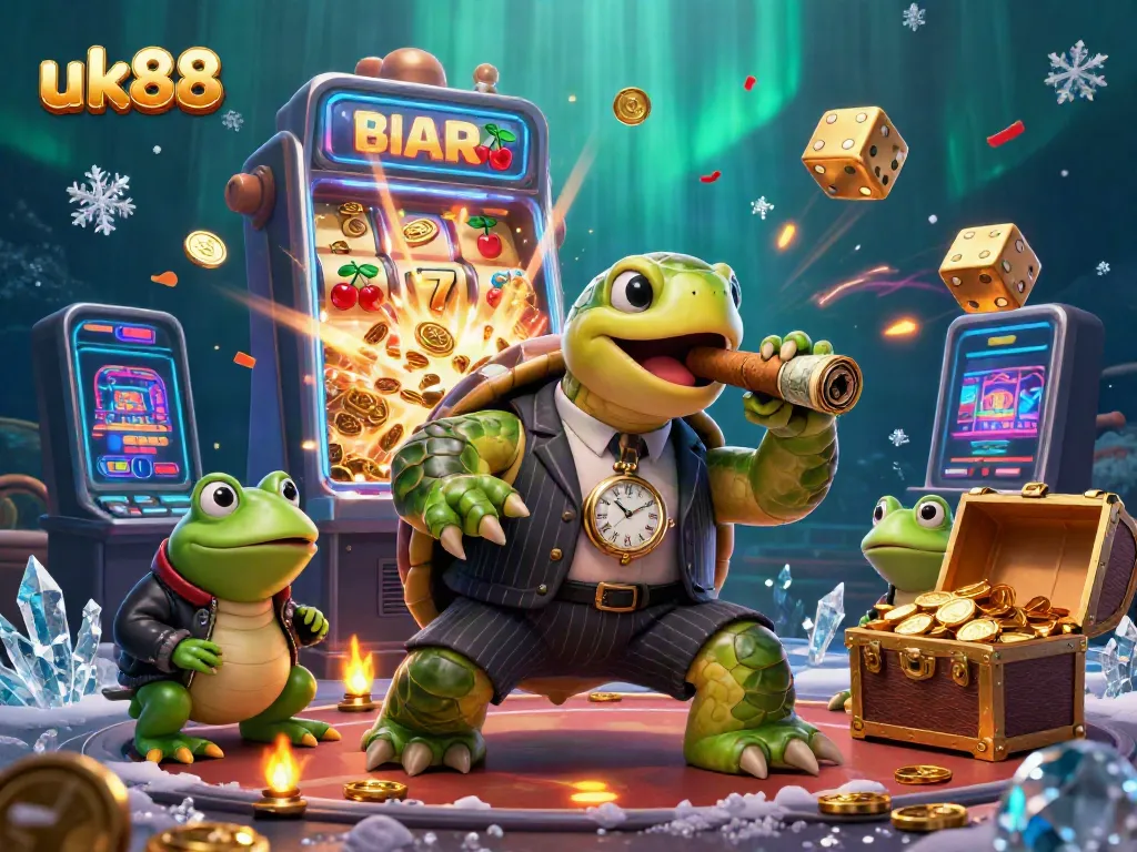 Engage in thrilling gameplay at uk88 with a lively 3D illustration of a snapping turtle in a casino setting.